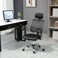 Scaun de birou ergonomic Vinsetto cu șezut reglabil și tetieră, din poliester și oțel, 63x62x106-114 cm, Negru(m-10)