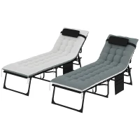 Outsunny Lot de 2 bains de soleil, chaise longue pliante et inclinable, coussin, appui-tête, poche latérale, 60x190x31cm, gris(m-11)