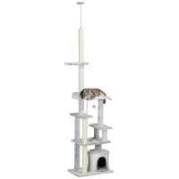 PawHut Copac Scratcher pentru Pisici la Tavan cu Platforme și Căsuță, 60x40x225-255cm, Gri(m-12)
