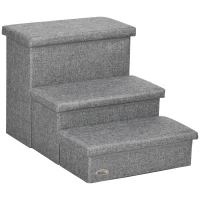 PawHut Scara pentru Caini si Pisici max 5kg cu 3 Trepte cu Spatiu Interior, din Tesatura Efect In si MDF, 63.5x42.5x40.5 cm, Gri Deschis(m-12)