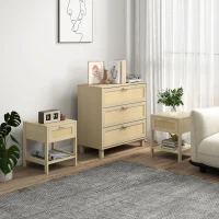 HOMCOM Chest of Drawer and Nightstands, Boho Rattan Furniture Set, Nature Wood Finish(m-2)