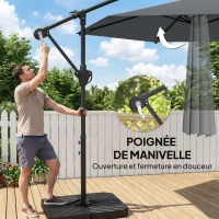 Outsunny Parasol déporté 3 m avec pied en croix et dalles lestage, parasol de jardin extérieur avec manivelle, gris foncé(m-9)