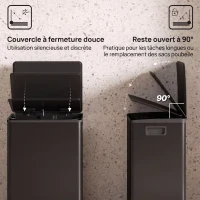 HOMCOM Poubelle cuisine 50L, poubelle à pédale, seau intérieur amovible, couvercle à fermeture douce, 41,7x36,6x62cm, noir(m-5)
