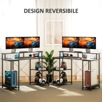 HOMCOM Scrivania per PC Reversibile con Prese Elettriche, Luci, Supporto Monitor e Scaffale, 120x50cm, Nero(m-6)