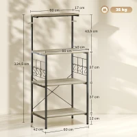 HOMCOM Estante de cozinha, suporte para micro-ondas, com painel gradeado, 8 ganchos, 60 x 42 x 134,5 cm, carvalho(m-3)