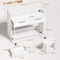 HOMCOM Secretária de Computador Extensível 100 cm com 2 Gavetas Secretária com Arrumação Estilo Moderno Branco(m-3)