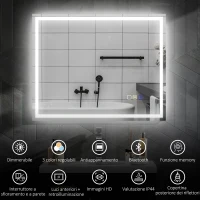 HOMCOM Specchio Bagno Antiappannante con Luce LED Regolabile, Speaker Bluetooth, Pulsanti Touch, 80x100 cm(m-3)