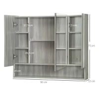 kleankin Armadietto con Specchio a 4 Sezioni con Ripiani Regolabili, in Legno e Vetro, 90x15x75 cm, Grigio(m-3)