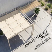 Outsunny Pergola Addossata 3x3 m con Tetto Retrattile Scorrevole UV30+ e Fori di Drenaggio, Beige(m-5)