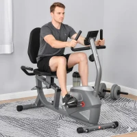 HOMCOM Bicicleta Estática con Respaldo, 8 Niveles Resistencia Magnética, Bicicleta Estática para Casa, con Volante, Asiento Ajustable, Monitor LCD, Pulsómetro, Soporte de Teléfono y Ruedas, Gris(m-2)