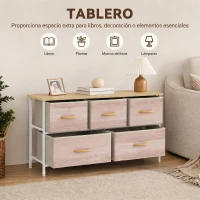HOMCOM Cómoda con 5 Cajones de Tela Cómoda para Dormitorio Marco de Metal Cajonera para Salón Oficina Natural y Blanco(m-5)