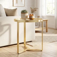 HOMCOM Round Side Table with Tempered Glass Top and Geometric Metal Frame for Small Space, Gold Tone(m-8)