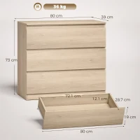 HOMCOM 3-Drawer Storage Organiser Unit, Chest of Drawers for Bedroom, Living Room, 80 x 39 x 73cm, Oak(m-3)