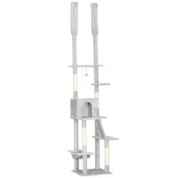 PawHut Arbre à chat du sol au plafond griffoir pour chat hauteur réglable 225-255 cm 6 niveaux avec niche hamac gris clair(m-12)