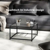HOMCOM Beistelltisch Quadratisch Nachttisch mit Hartglas-Tischplatte, Couchtisch mit Beinen aus Stahl 68 x 68 x 39 cm Schwarz(m-4)