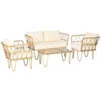 Outsunny Ensemble salon de jardin canapé 2 places + 2 fauteuils + 1 table basse plateau verre trempé 7 coussins écru(m-1)