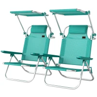 Outsunny Conjunto de 2 Cadeiras de Praia Dobráveis com Toldo Ajustável Encosto Reclinável em 6 Posições Apoio de Cabeça Turquesa(m-12)