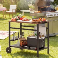 Outsunny Desserte jardin, chariot de barbecue sur roulettes avec porte-boissons et crochets, 97 x 51 x 83 cm, noir et marron(m-2)