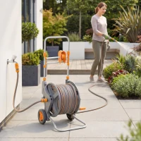 Outsunny Hose Reel Cart with Wheels, 45+2m Garden Hose Reel with 2 Patterns Nozzle, Faucet Adaptors and Rewind Handle, Orange(m-2)
