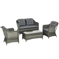 Outsunny 4 Pieces Outdoor PE Rattan Garden Furniture Set with Cushions - Patio Special Hand Weave Wicker Conservatory Sofa Set and Glass Top Coffee Table, Mixed Grey(m-22)
