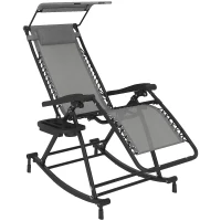 Outsunny Garden Rocking Chair Folding Recliner Outdoor Adjustable Sun Lounger Rocker Zero-Gravity Seat with Headrest Side Holder Patio Deck - Grey(m-1)