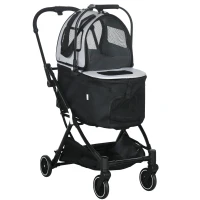 PawHut 3in1 Hundewagen, 2 Kabinen, klappbar, Aufbewahrungskorb, Stahlrahmen, grau, 67 x 49 x 99 cm(m-1)