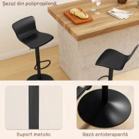 HOMCOM Set 2 scaune de bar cu spătar, rotative și cu înălțime reglabilă, polipropilenă, negru(m-6)