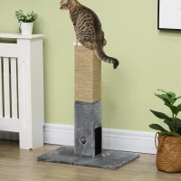 PawHut Albero Tiragraffi per Gatti con 2 Palline Giocattolo e Spazzola, in Legno, Iuta e Peluche, 59.5x39x79 cm, Grigio(m-10)