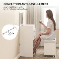 HOMCOM Coiffeuse avec miroir et tabouret 3 en 1, 3 tiroirs et plateau en verre visible, coussin rembourré, 48 x 40 x 90 cm, blanc(m-7)