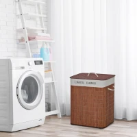 HOMCOM Cesto per Biancheria Bambù da 100L con 2 Scomparti, Coperchio e Maniglie, 52x32x63cm(m-10)