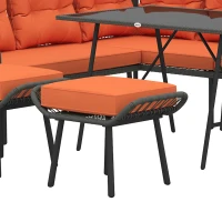 Outsunny 6 Piece Rattan Garden Furniture Set, 8 Seater Garden Corner Sofa with Cushions and Glass Top Table, Orange(m-11)