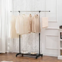 HOMCOM Tendedero Extensible con Ruedas con Barra de Acero Inoxidable y Estante para Zapatos 159x42x168 cm Negro y Plata(m-10)