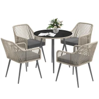 Outsunny Salon de jardin extérieur en résine tressée 4 places - coussins et table ronde en verre, pour terrasse, jardin, marron(m-11)