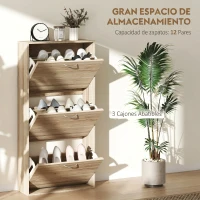HOMCOM Zapatero Estrecho con 3 Puertas Abatibles Zapatero Entrada Recibidor Estantes Ajustables para 12 Pares de Zapatos Roble(m-4)
