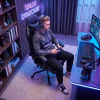 HOMCOM Chaise gaming ergonomique, fauteuil gamer avec support lombaire massant, dossier inclinable, hauteur réglable, noir(m-9)