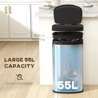 HOMCOM 55L Sensor Bin with Soft-Close Lid, Automatic Touchless Motion Sensor Kitchen Bin with Fingerprint Resistant Stainless Steel for Hygienic Gyms, Home Office Use, Silver Tone(m-5)