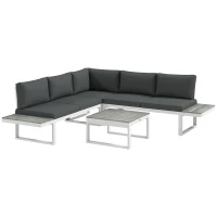 Outsunny 4 Pieces Garden Furniture Set, 5-Level Reclining Garden Corner Sofa Set, Outdoor Lounge Conversation Sectional with Cushions, Wood Effect Plastic Table, White Frame & Grey Cushion(m-1)