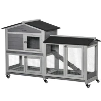 PawHut Conigliera a 2 Livelli con Rete Protettiva e Rotelle in Legno e Metallo, 157.4x53x99.5 cm, Grigio(m-1)