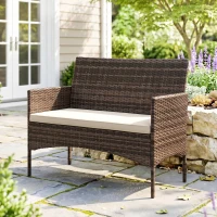 Outsunny Divano da Giardino 2 Posti con Cuscini e Tappetini Antiscivolo, in Rattan e Acciaio, 115x63x85 cm, Beige(m-9)