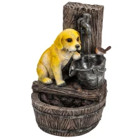 Outsunny Garden Water Feature with 3-Tier Rustic Puppy Design, Freestanding Resin with LED Lights, Adjustable Flow, Rustic Brown(m-1)