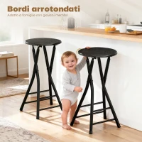 HOMCOM Set 2 Sgabelli Bar Pieghevoli con Doppio Poggiapiedi, in Legno e Acciaio, 34x30x70 cm, Nero(m-6)