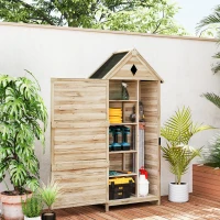 Outsunny Gartenschuppen mit 4 Regalen, Lagerschuppen aus Holz, wasserdichtes Asphalt-Dach, 80 x 49 x 170 cm, Hellbraun(m-10)