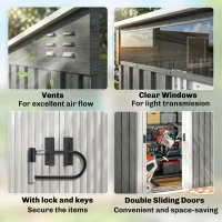 Outsunny 6.5 x 4FT Galvanised Metal Shed with Foundation Kit, Lockable Tool Garden Shed with Double Sliding Doors, Vents, Light Grey Wood Effect(m-7)