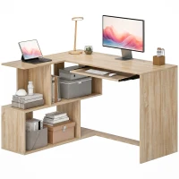 HOMCOM Bureau d'Angle, 120 x 100 x 76 cm, Bureau Informatique en L avec Plateau de Clavier, 4 Compartiments Ouverts, Naturel(m-16)