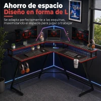 HOMCOM Mesa Gaming Esquinero con Enchufes en Forma de L 128x128 cm con Soporte para Monitor Gancho y Portavasos Negro(m-4)