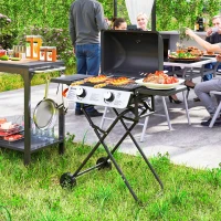 Outsunny Barbecue gaz transportable, 2 brûleurs 5,6 kW, barbecue gaz de camping avec étagères latérales thermomètre et roues, noir(m-2)