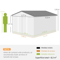 Outsunny Cobertizo de Jardín 8,3 m² 277x322x192 cm con 2 Puertas Corredizas Base Refuerzo (Suelo NO Incluido) Gris(m-3)