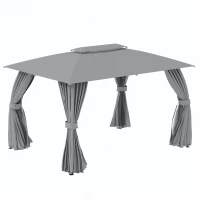 Outsunny Gazebo da Giardino 4x3m con Doppio Tettuccio, Pareti in Poliestere e Struttura in Acciaio, Grigio(m-1)