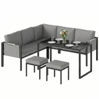 Outsunny Salon de Jardin Canapé d'Angle Extérieur 6 Pièces Coussins 10cm Table Haute et 2 Repose-pieds Gris(m-12)