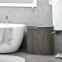 HOMCOM 100 L Wäschekorb mit Deckel, Griff, 2 Abschnitte, herausnehmbarer Wäschesack, für Schlafzimmer, Badezimmer, Bambus, Grau(m-10)